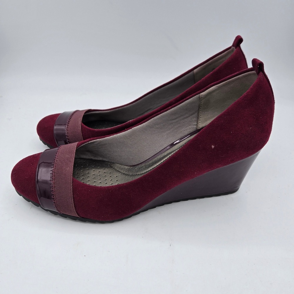 LifeStride Paris Wedge Shoes Burgundy Suede‎ Patent Elastic Comfort 8.5W - Picture 3 of 10